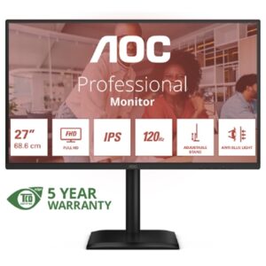 MONITOR AOC LCD IPS 120HZ 27" WIDE FRAMELESS 27E4U 4MS MM FHD 1500:1 BLACK REG.ALT. VGA HDMI DP 4XUSB VESA GAR. 5ANNI FINO:31/03