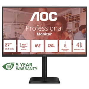 MONITOR AOC LCD IPS 120HZ 27" WIDE FRAMELESS 27E4U 4MS MM FHD 1500:1 BLACK REG.ALT. VGA HDMI DP 4XUSB VESA GAR. 5ANNI FINO:31/03
