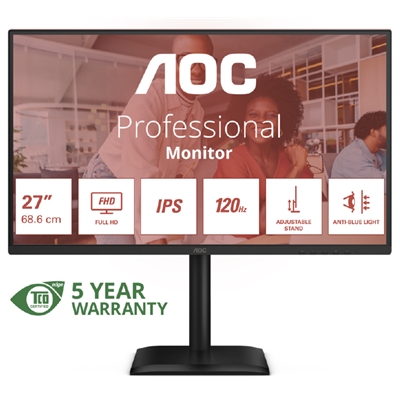 MONITOR AOC LCD IPS 120HZ 27" WIDE FRAMELESS 27E4U 4MS MM FHD 1500:1 BLACK REG.ALT. VGA HDMI DP 4XUSB VESA GAR. 5ANNI FINO:31/03