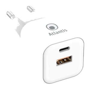 ALIMENTATORE X SMARTPHONE/TABLET AC A DOPPIA PRESA TYPE_PD E USB ATLANTIS P008-PD20GN-2U 20W BIANCO CONPORTA PD TYPE_C