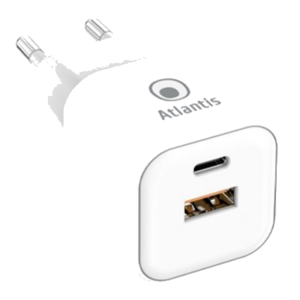 ALIMENTATORE X SMARTPHONE/TABLET AC A DOPPIA PRESA TYPE_PD E USB ATLANTIS P008-PD35GN-2U 35W BIANCO CON PORTA PD TYPE_C