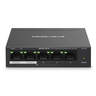 SWITCH 5P GIGABIT LAN MERCUSYS MS105GP DI CUI 4P POE+ - CUST.ACCIAIO - ALIM.POE 65W