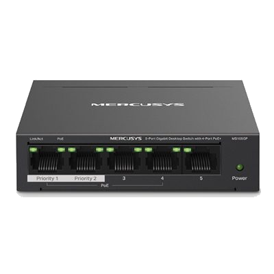 SWITCH 5P GIGABIT LAN MERCUSYS MS105GP DI CUI 4P POE+ - CUST.ACCIAIO - ALIM.POE 65W