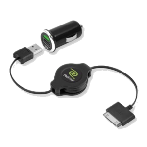 ALIMENTATORE USB DA AUTO 1P RETRAK EUIPADCAR + CAVO USB-APPLE30PIN 100CM RETRATTILE NERO OUT:2,1A 0816983010352