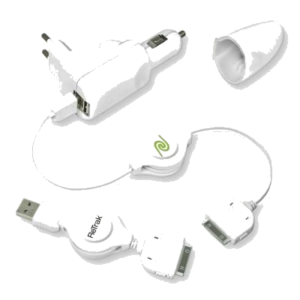 ALIMENTATORE USB DA AUTO/CASA 2P RETRAK EUIPODCHG51 + 2 CAVI USB-APPLE30PIN 100CM RETRATTILE 0816983010215