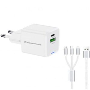 CARICATORE USB PD GAN A 2P DA 33 W CONCEPTRONIC ALTHEA16W CAVO DI RICARICA 3 IN 1-1P USB-C -1P USB-A- BIANCO