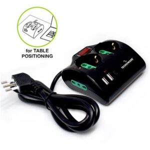 MULTIPRESA 4P TECNOWARE FMP4IIGUSB ITA 10A + (2XSCHUKO/ITA -BIPASSO) + 2XITA 10/16A +2XUSB +1XUSBTYPEC + INTERRUTTORE NERA